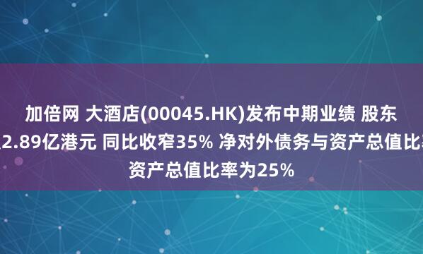 加倍网 大酒店(00045.HK)发布中期业绩 股东应占亏损2.89亿港元 同比收窄35% 净对外债务与资产总值比率为25%